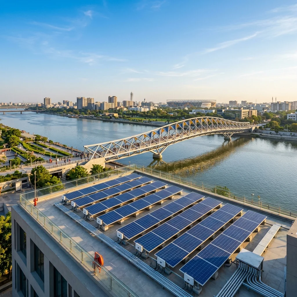 Solar panel installation with Atal Bridge landmark view in Vadodara