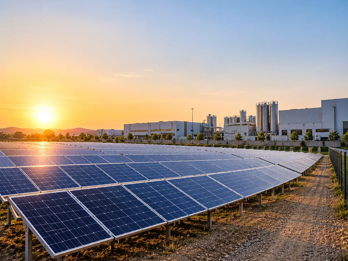 Ground Mount Solar - Professional solar installation services Ground mounted solar plant for industry at sunrise, an end-to-end solar EPC company in Gujarat