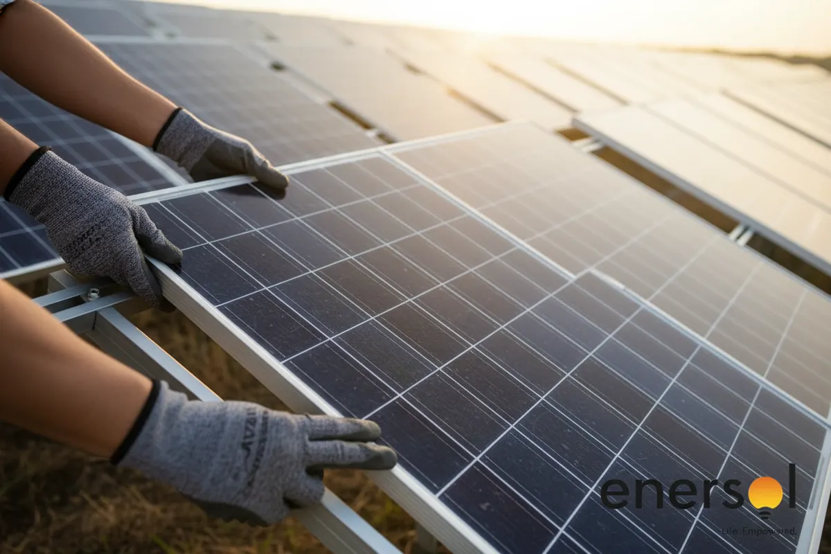Enersol technicians installing solar panels at sunset