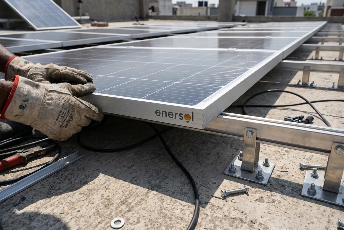 Gloved hands precision-mounting an Enersol panel on a rail structure