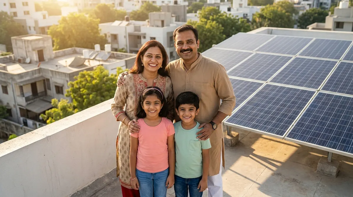 Happy Indian family with solar panels in Vadodara