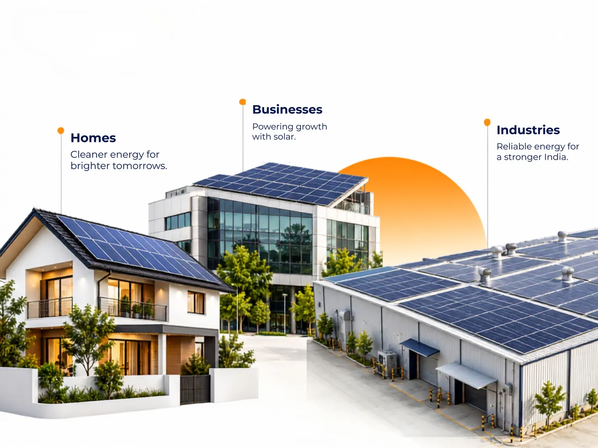 Rooftop Solar - Professional solar installation services Rooftop solar installed on a home, a commercial building and an industrial shed, a rooftop solar EPC company in India