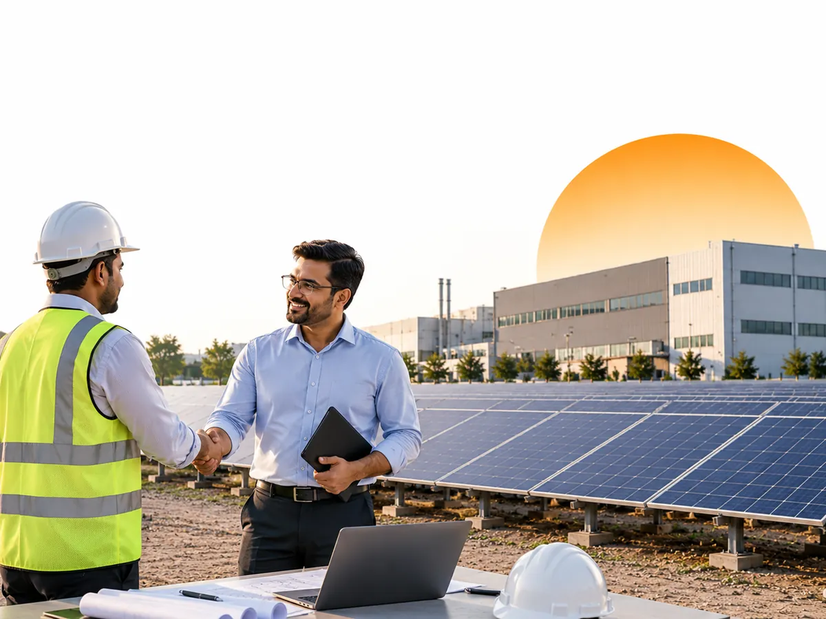 Third Party PPA - Professional solar installation services Business owner discussing a third party solar PPA on site with Enersol, a trusted solar power company in India