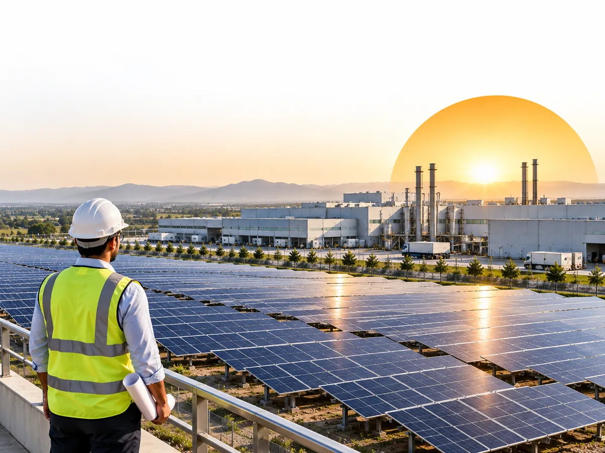 Engineer inspecting a large solar plant built under a third party PPA, a solar power provider for businesses in India