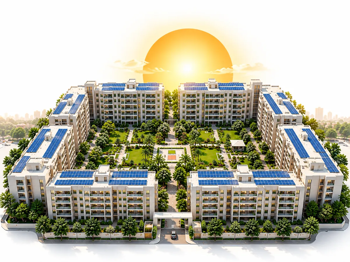 Common Housing Societies - Rooftop Solar solar installation service Housing society towers with rooftop solar panels, common housing society solar solutions provider in Ahmedabad