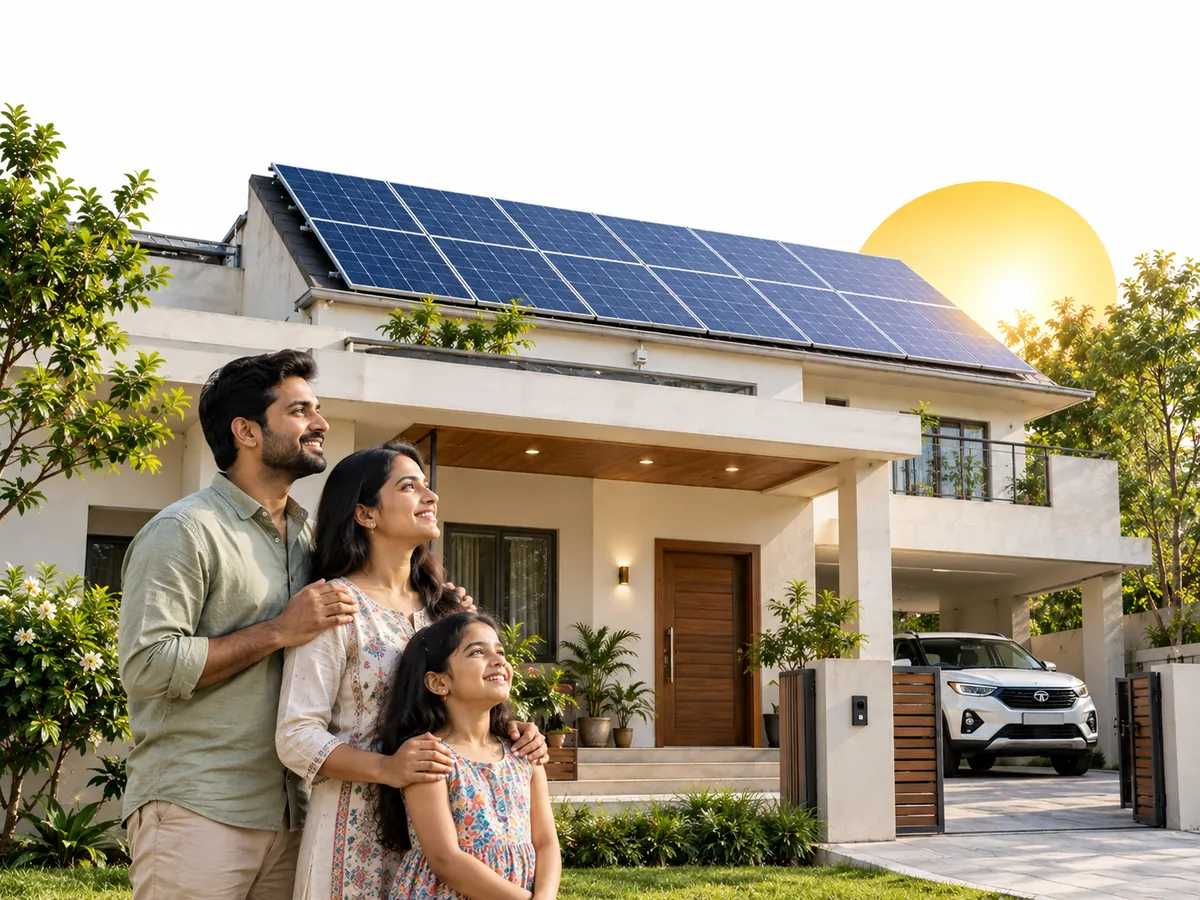 Indian family outside their home powered by rooftop solar, a residential solar panel provider in Ahmedabad