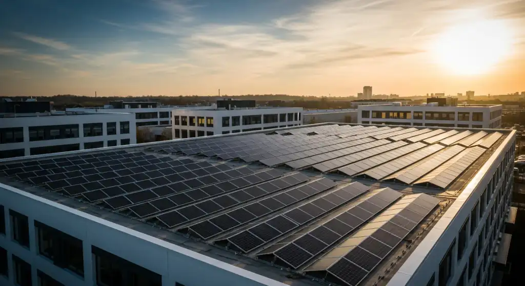 Commercial rooftop solar installation by Enersol on a business building