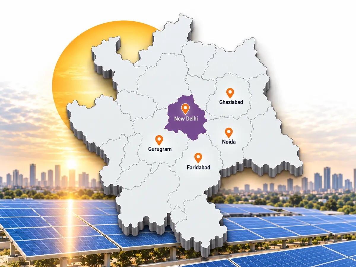 Solar installation coverage across Delhi NCR by Enersol Map of Delhi NCR marking Enersol service areas, a solar solutions provider in Delhi NCR