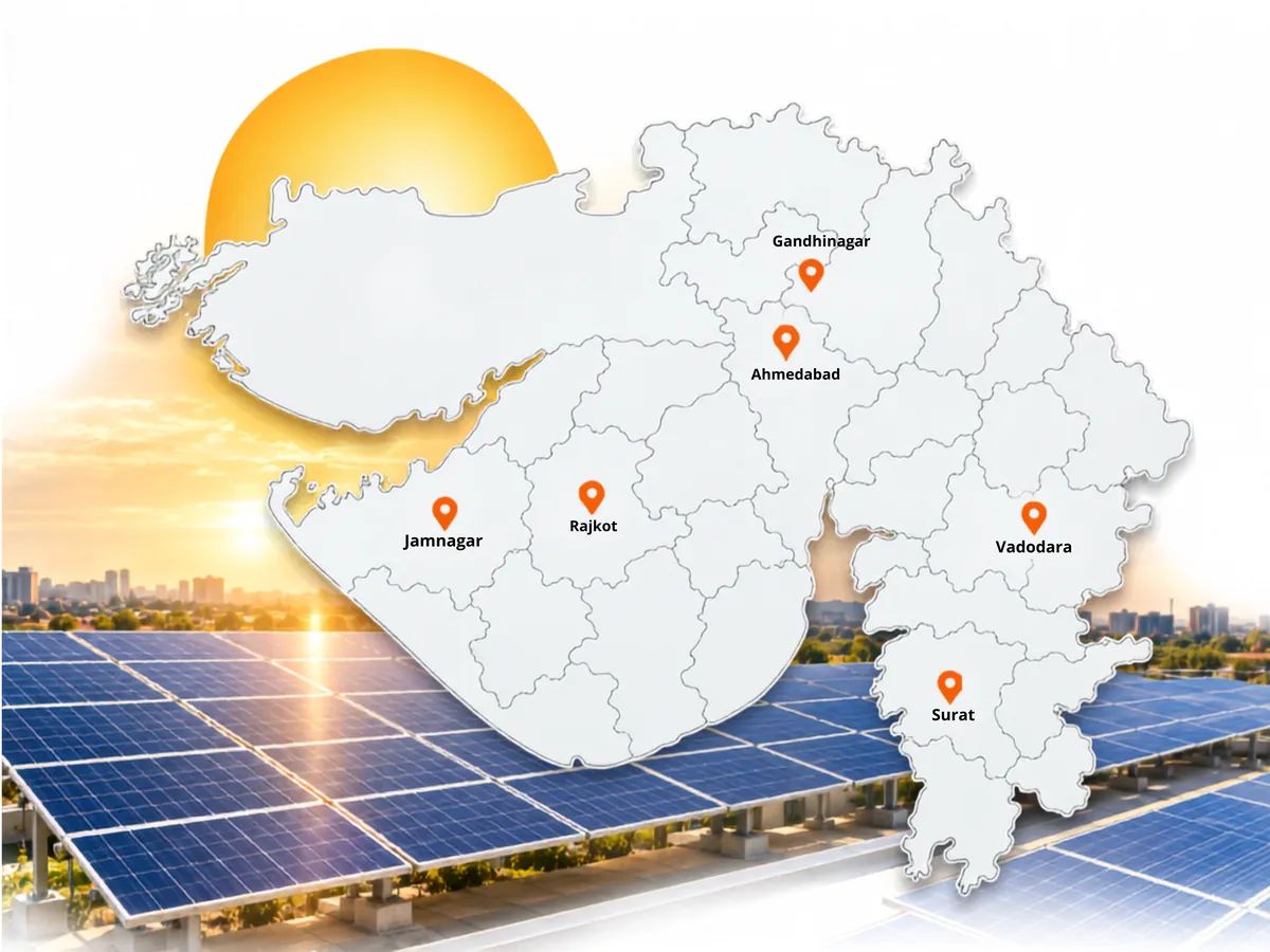 Solar installation coverage across Gujarat by Enersol Map of Gujarat marking Enersol solar project cities, a solar panel provider in Gujarat
