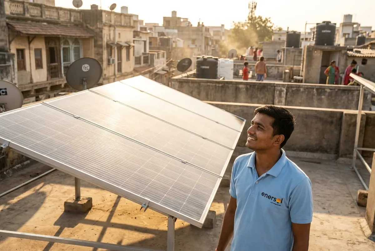 Enersol technician with a newly commissioned rooftop solar system